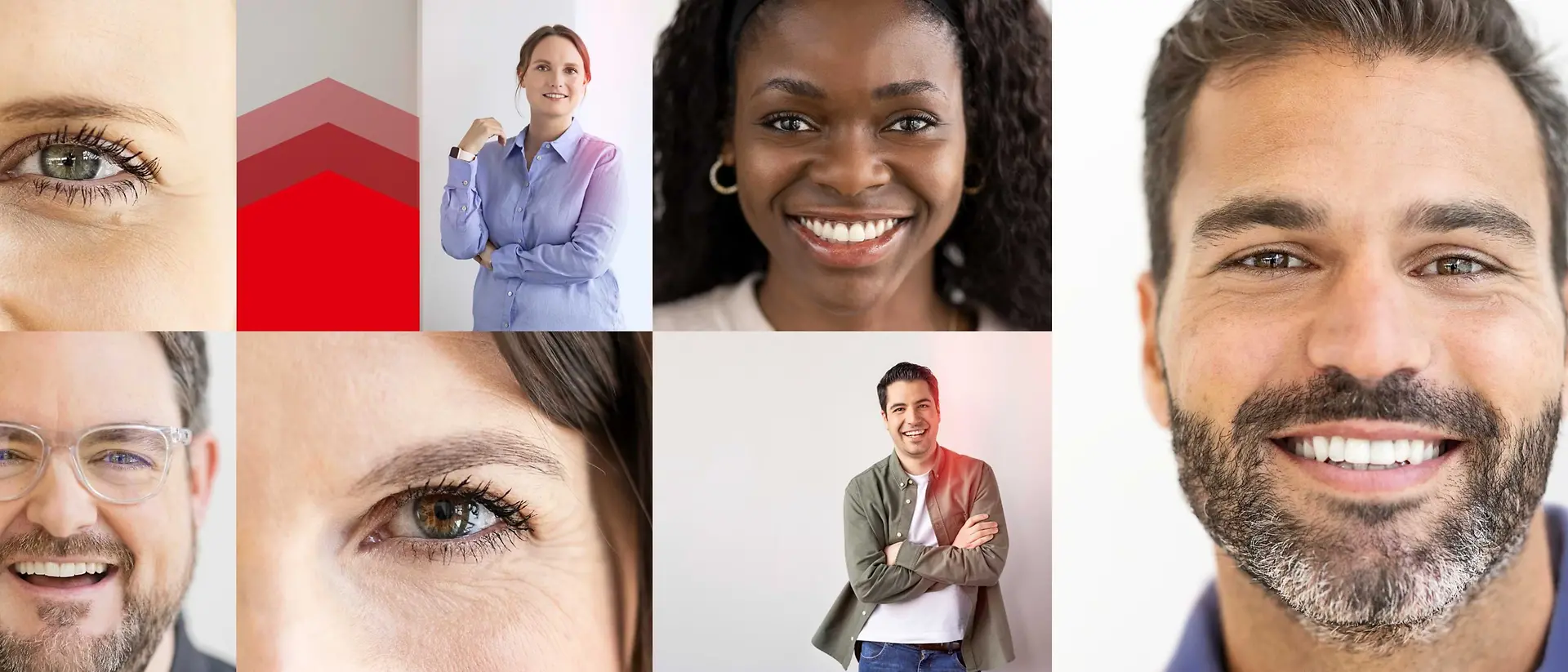 The faces of various Henkel employees. They look confidently and smile.