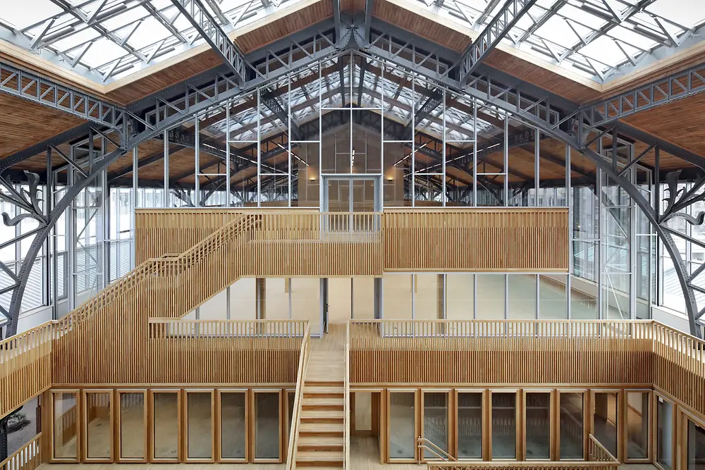 Wooden entry hall of the former railway station Gare Maritime Brussels