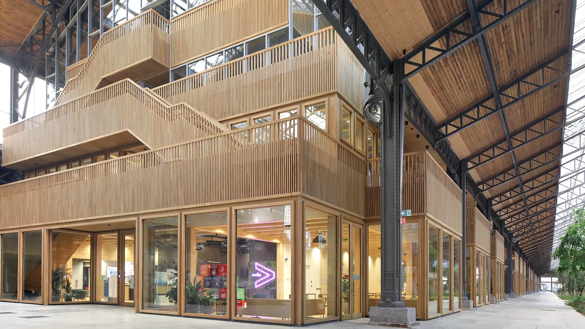 Inside view of the wood-steel building Gare Maritime in Brussels.