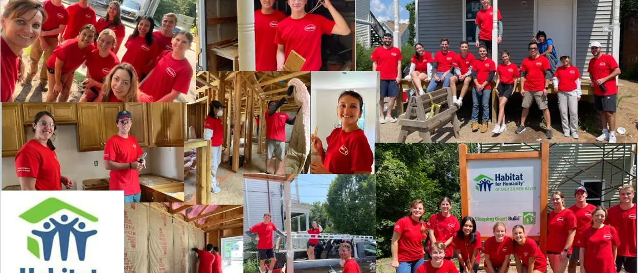 Collage of multiple photos showing employees working on a house construction project