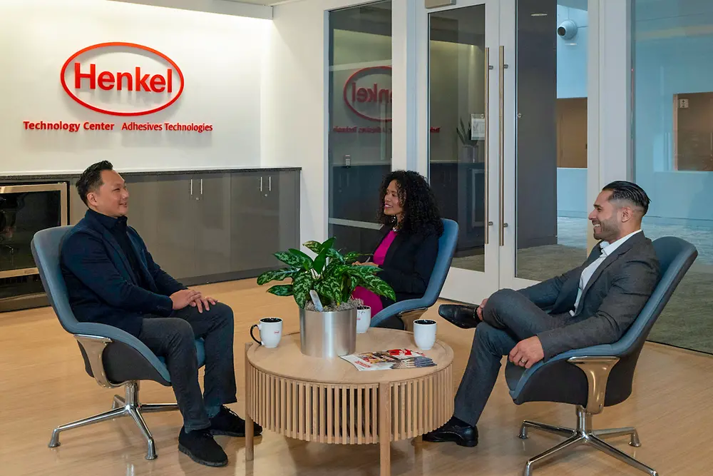 A group of customers sitting in the lounge area of the Technology Center Bridgewater.