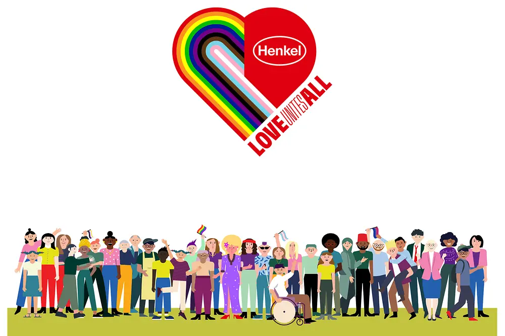 llustrated group of people spread out across the screen gathered under a Henkel logo within a heart, bearing the words 'Love Unites All'.