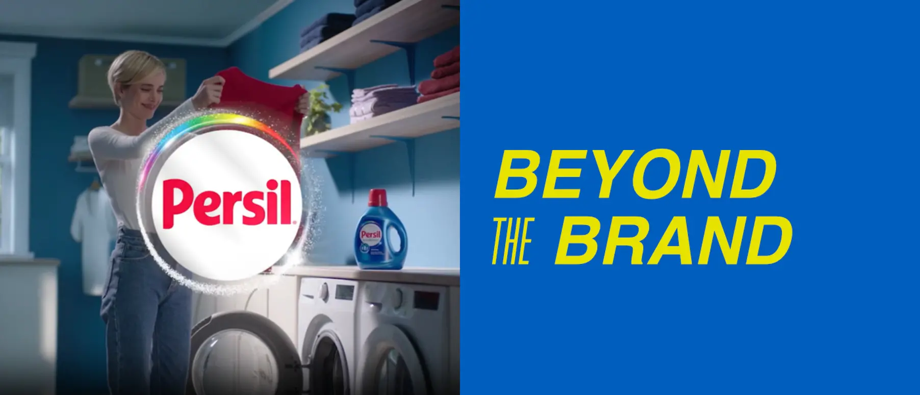 Woman in laundry room holding up clothes with Persil logo overlaid
