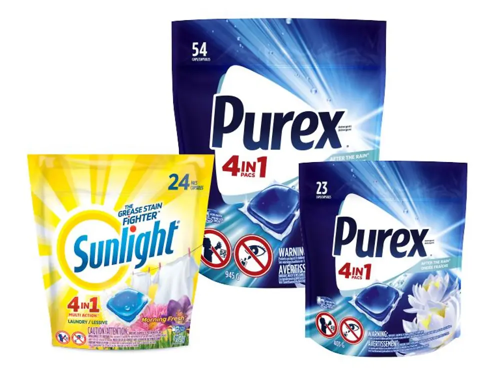 Sunlight and Purex plastic detergent pouches